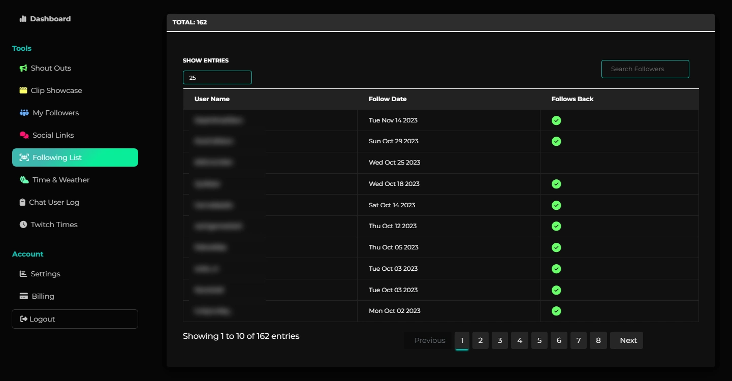 Streamotive following list showing usernames, follow dates and follows back status